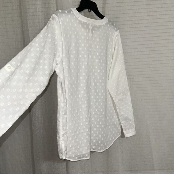 Van Heusen L White Cotton Swiss Dot Long Tab Roll up Sleeve V-Neck Top - Picture 6 of 14